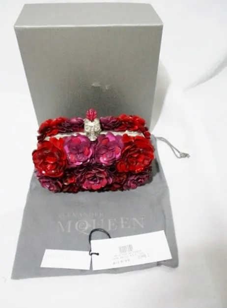 NEW ALEXANDER MCQUEEN METAL ROSE Box Clutch Bag RED SKULL MULTI NWT