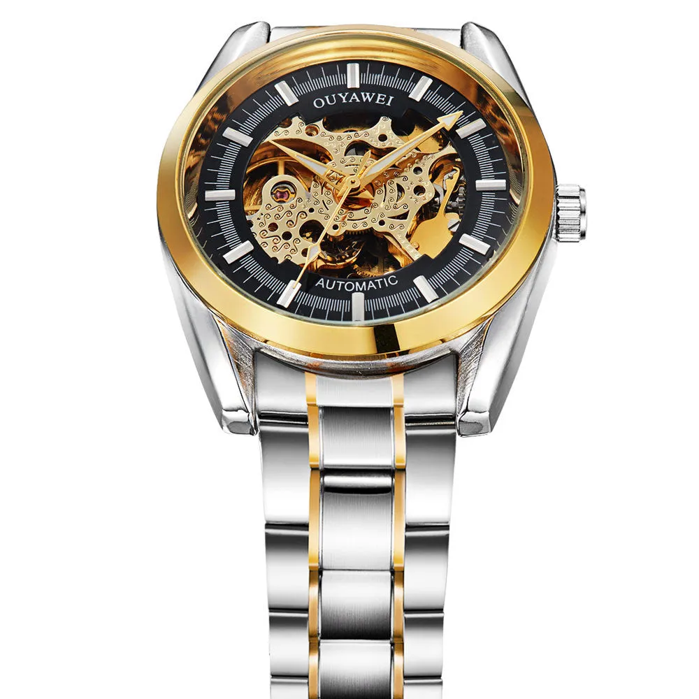 New Fashion Watch Luxury Brand Golden Black Dial Moon Phase Round Shape Stainless Steel Case Men Self-Wind Skeleton Watch Male