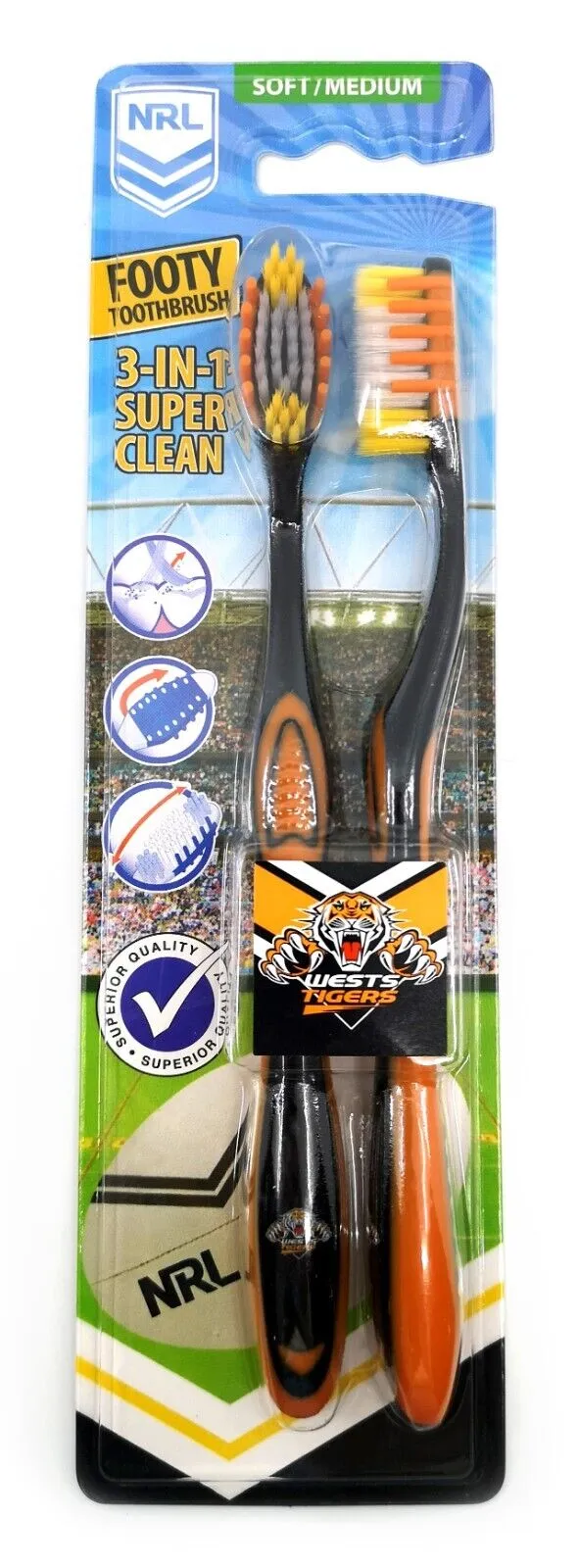 NRL Adult Toothbrush Twin Pack - West Tigers - Set of Two - Soft/Medium