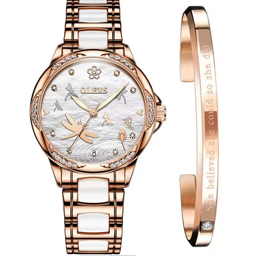 OLEVS Women Watch Fashion Ceramic Dress Automatic Mechanical Diamond