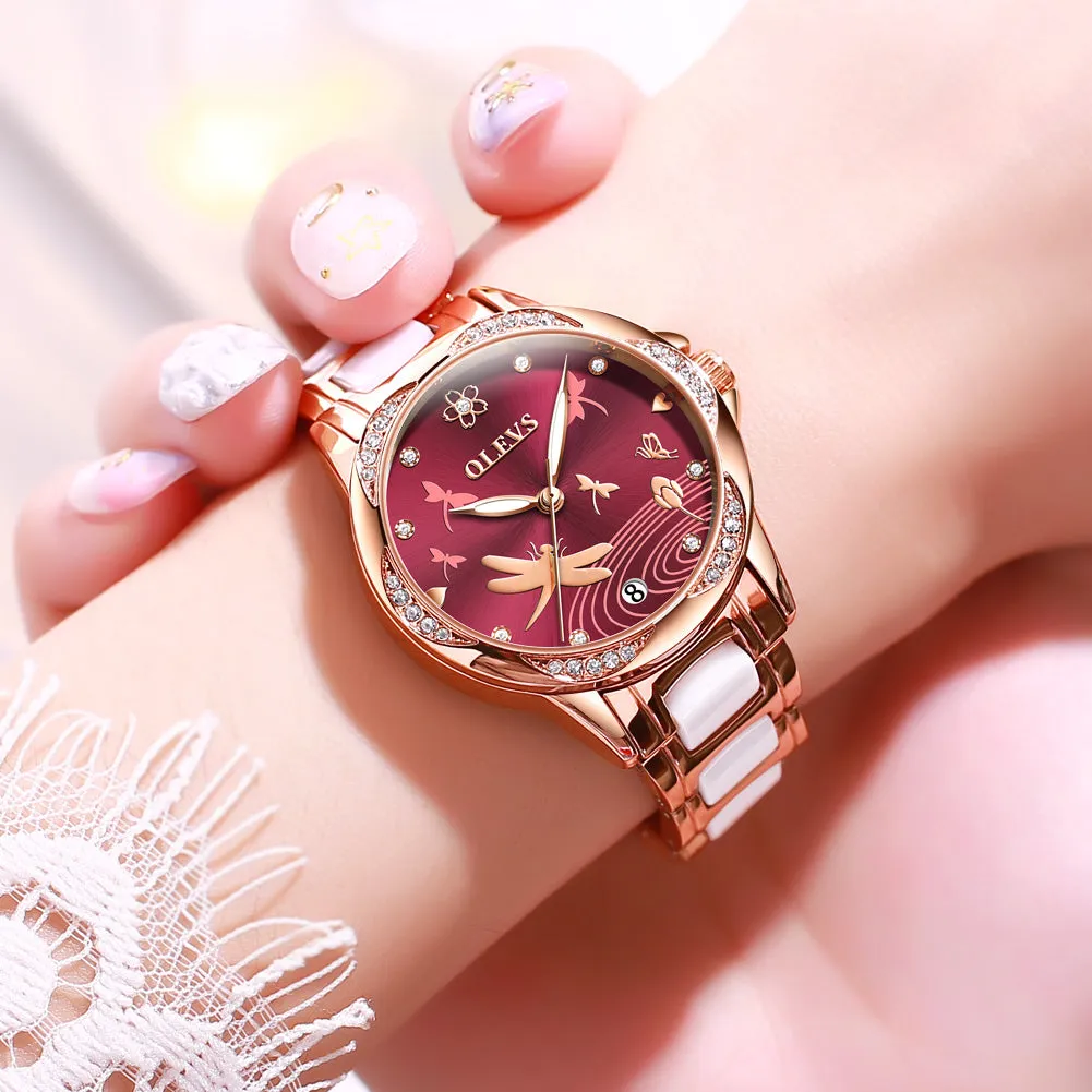 OLEVS Women Watch Fashion Ceramic Dress Automatic Mechanical Diamond