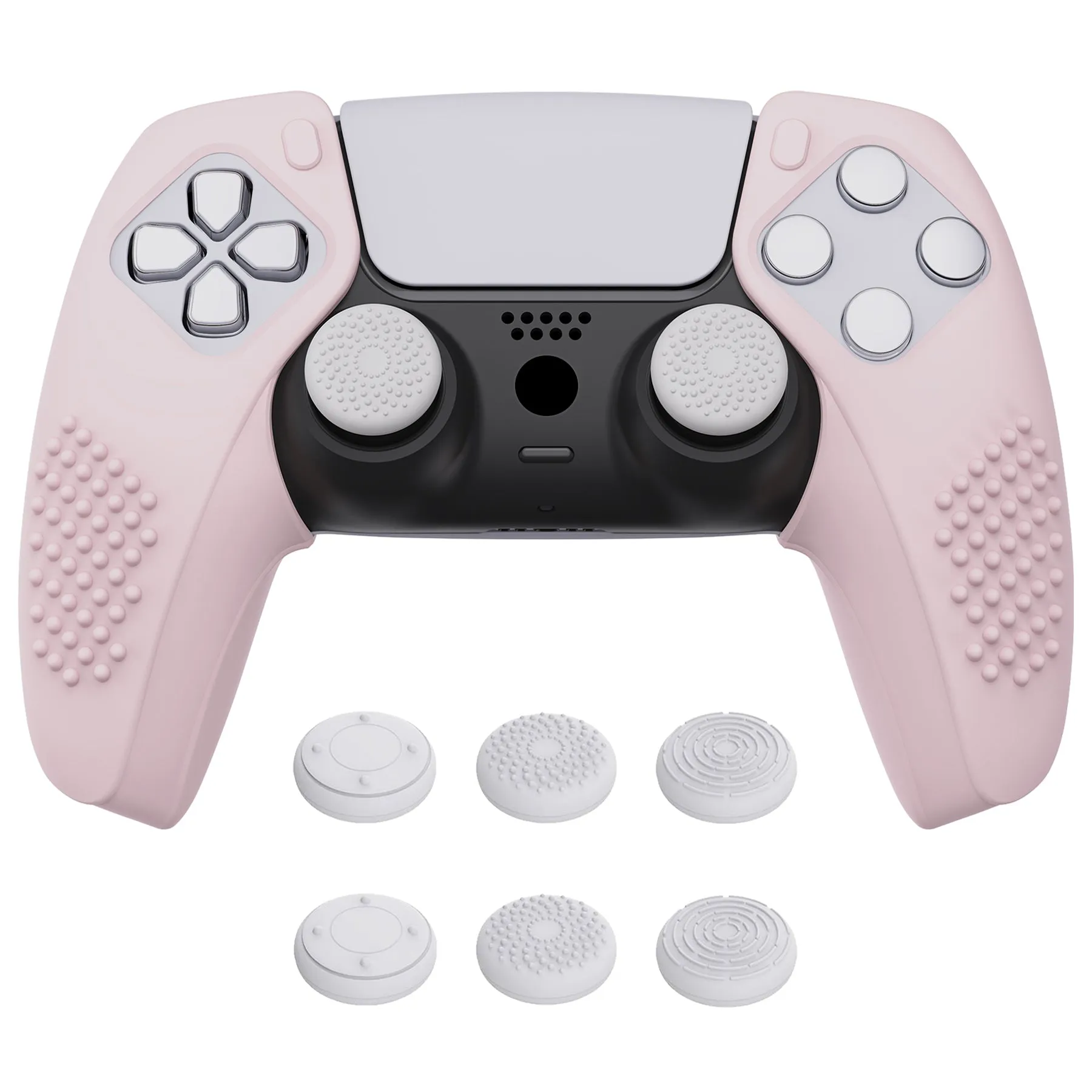 PlayVital 3D Studded Edition Cherry Blossoms Pink Ergonomic Soft Controller Silicone Case Grips for PS5, Rubber Protector Skins with 6 White Thumbstick Caps for PS5 Controller – Compatible with Charging Station - TDPF017