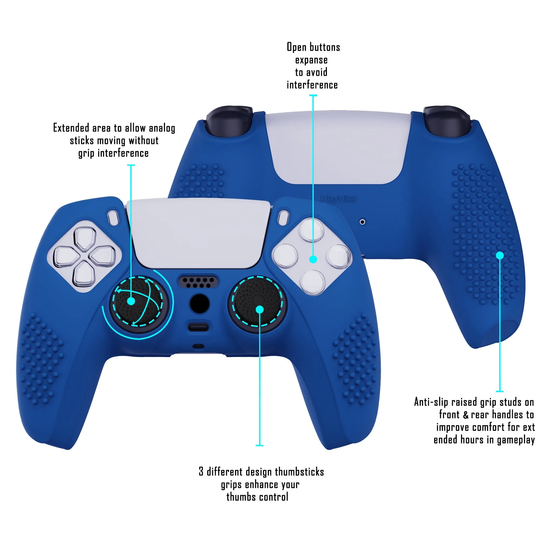 PlayVital Blue 3D Studded Edition Anti-slip Silicone Cover Skin for 5 Controller, Soft Rubber Case Protector for PS5 Wireless Controller with 6 Black Thumb Grip Caps - TDPF008