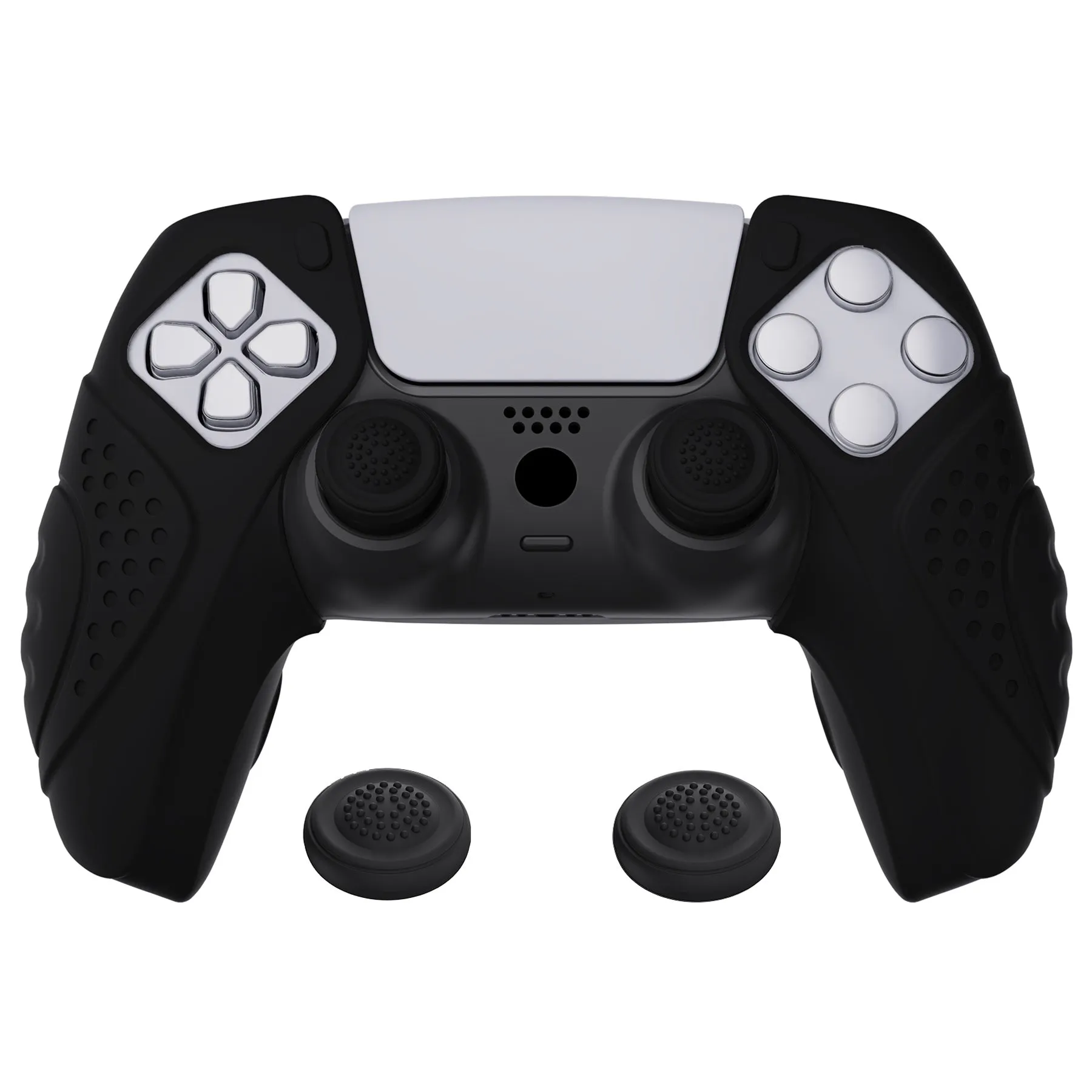 PlayVital Guardian Edition Black Ergonomic Soft Controller Silicone Case Grips for PS5, Rubber Protector Skins with Thumbstick Caps for PS5 Controller – Compatible with Charging Station - YHPF014