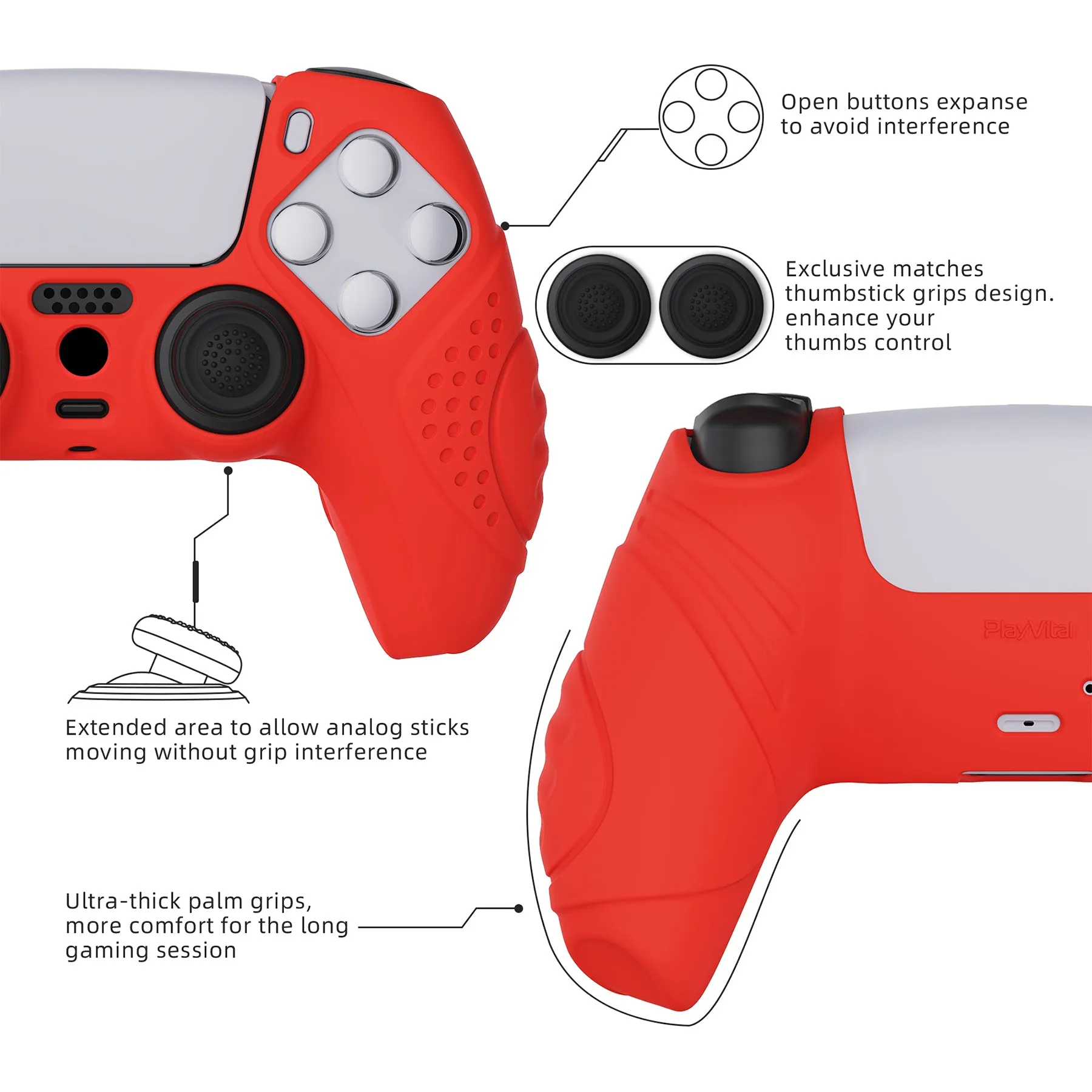 PlayVital Guardian Edition Passion Red Ergonomic Soft Anti-slip Controller Silicone Case Cover, Rubber Protector Skins with Black Joystick Caps for PS5 Controller - YHPF012