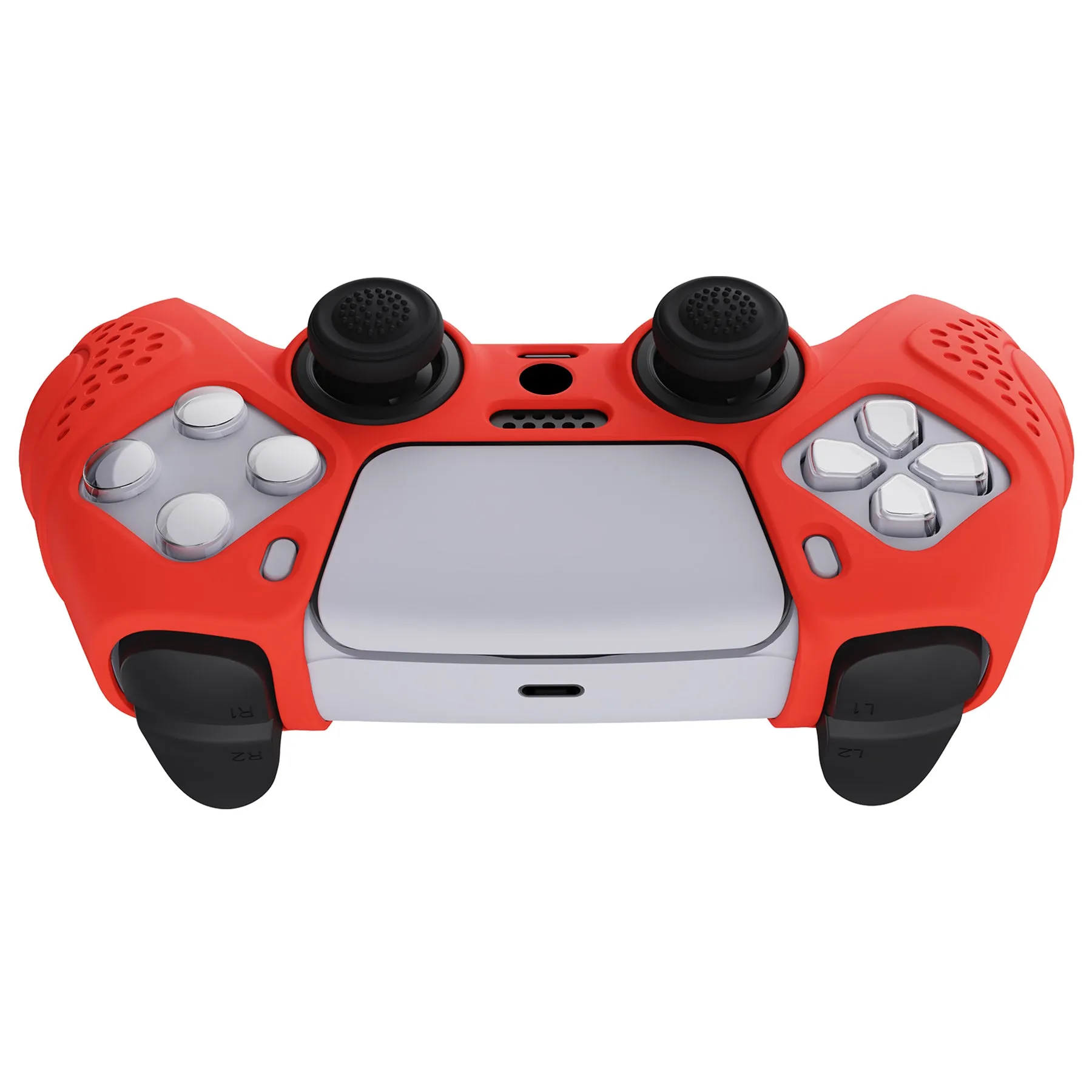 PlayVital Guardian Edition Passion Red Ergonomic Soft Anti-slip Controller Silicone Case Cover, Rubber Protector Skins with Black Joystick Caps for PS5 Controller - YHPF012