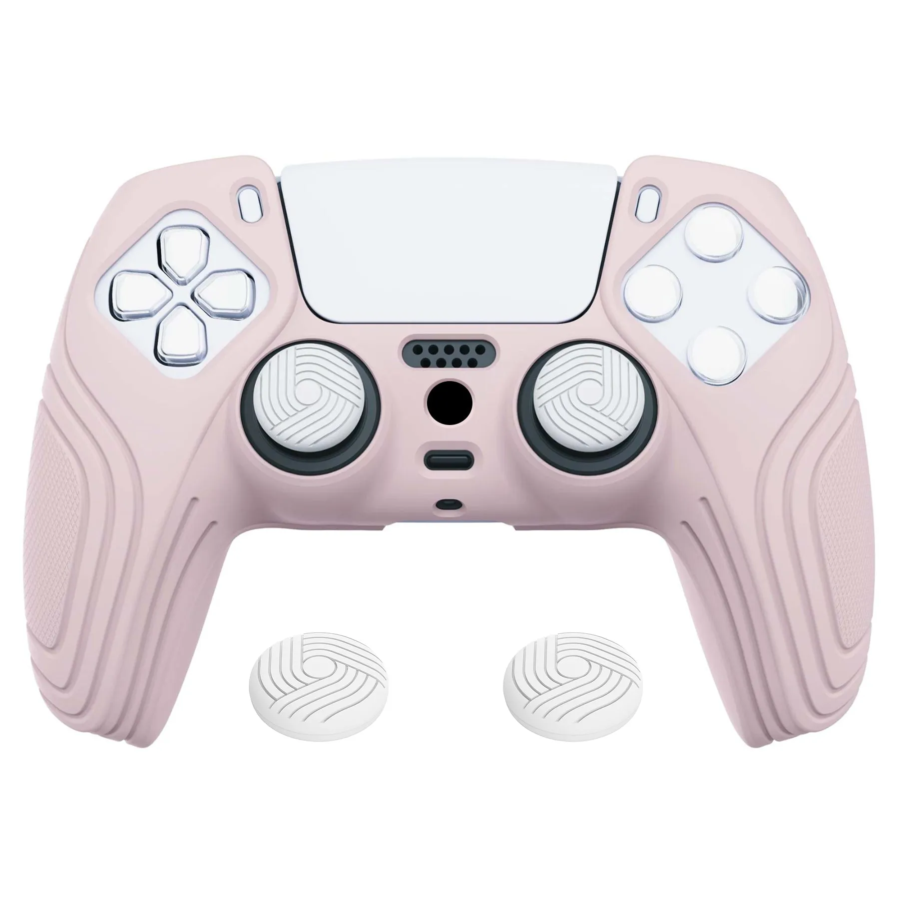 PlayVital Samurai Edition Pink Anti-slip Controller Grip Silicone Skin, Ergonomic Soft Rubber Protective Case Cover for PlayStation 5 PS5 Controller with White Thumb Stick Caps - BWPF005