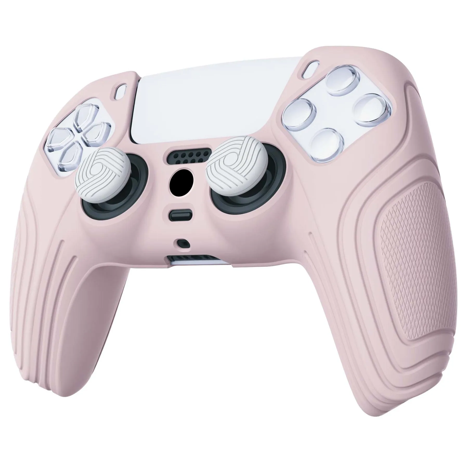 PlayVital Samurai Edition Pink Anti-slip Controller Grip Silicone Skin, Ergonomic Soft Rubber Protective Case Cover for PlayStation 5 PS5 Controller with White Thumb Stick Caps - BWPF005