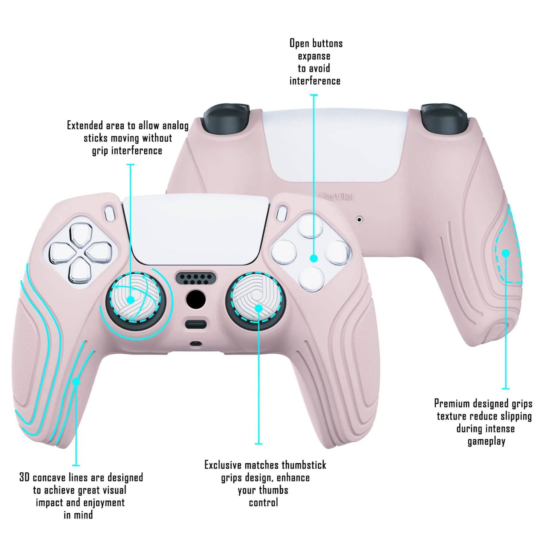 PlayVital Samurai Edition Pink Anti-slip Controller Grip Silicone Skin, Ergonomic Soft Rubber Protective Case Cover for PlayStation 5 PS5 Controller with White Thumb Stick Caps - BWPF005