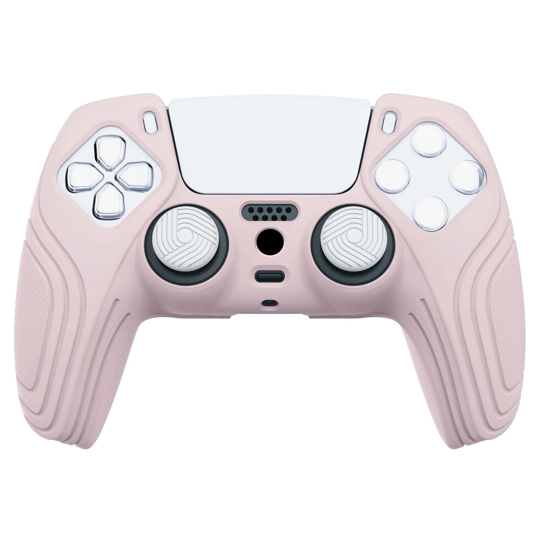 PlayVital Samurai Edition Pink Anti-slip Controller Grip Silicone Skin, Ergonomic Soft Rubber Protective Case Cover for PlayStation 5 PS5 Controller with White Thumb Stick Caps - BWPF005