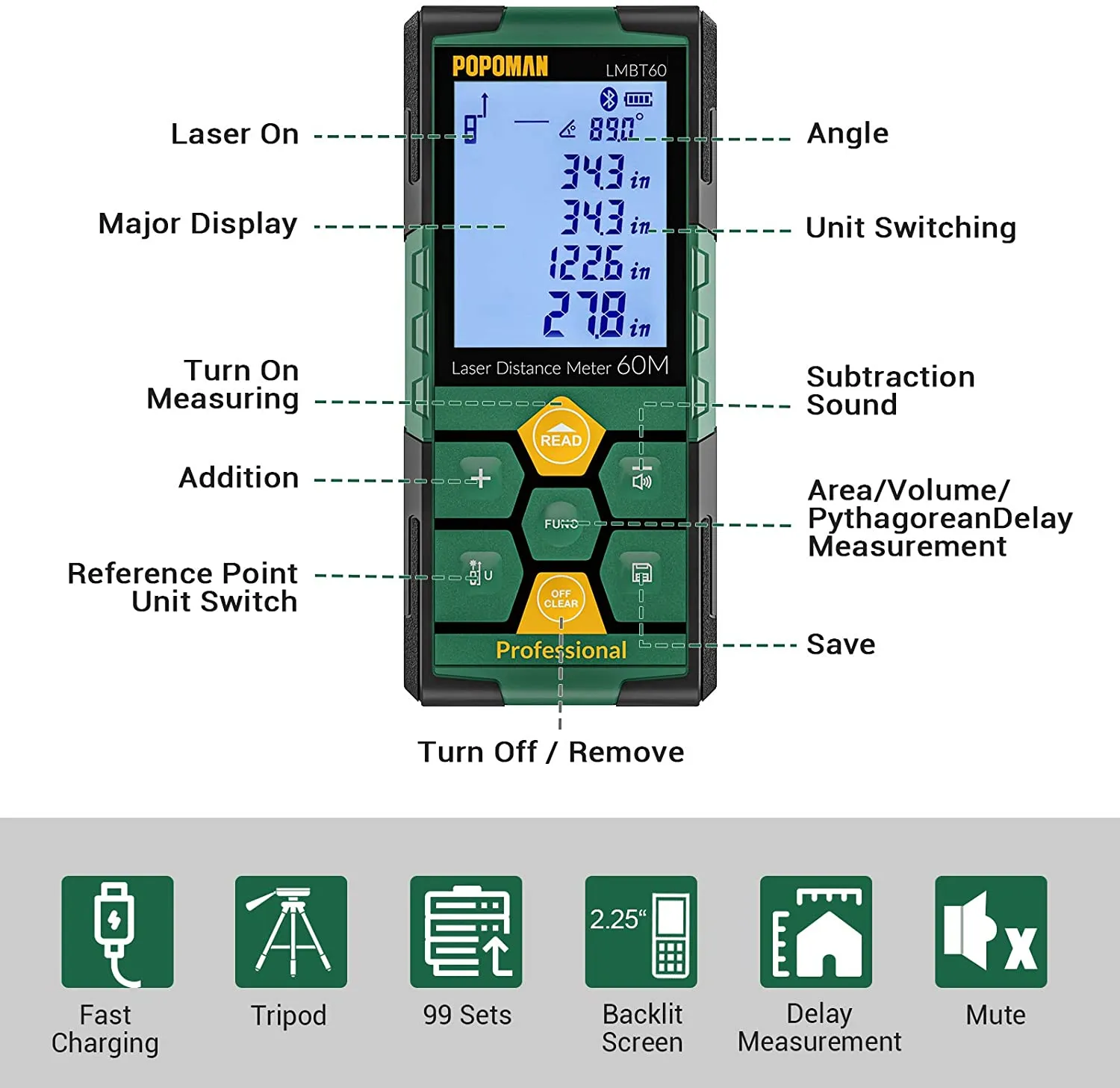 POPOMAN Laser Distance Measure, Rechargeable with Bluetooth, 196ft Laser Tape Measure, Intelligent House App for Floor plan, 2.25' LCD Backlit, Distance, Area, Volume Laser Measure- LMBT60