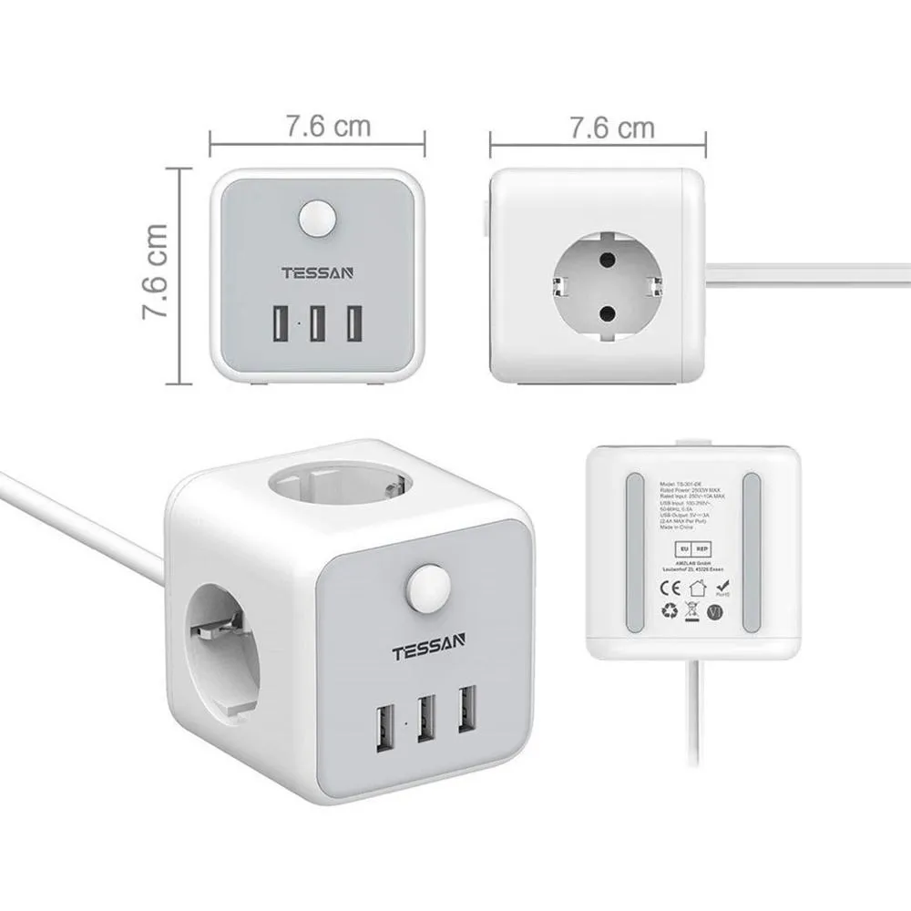 Power Strip  Socket Travel Power Strip with 3 Outlets 3 USB Ports On/Off Switch 1.5m Extension Cord