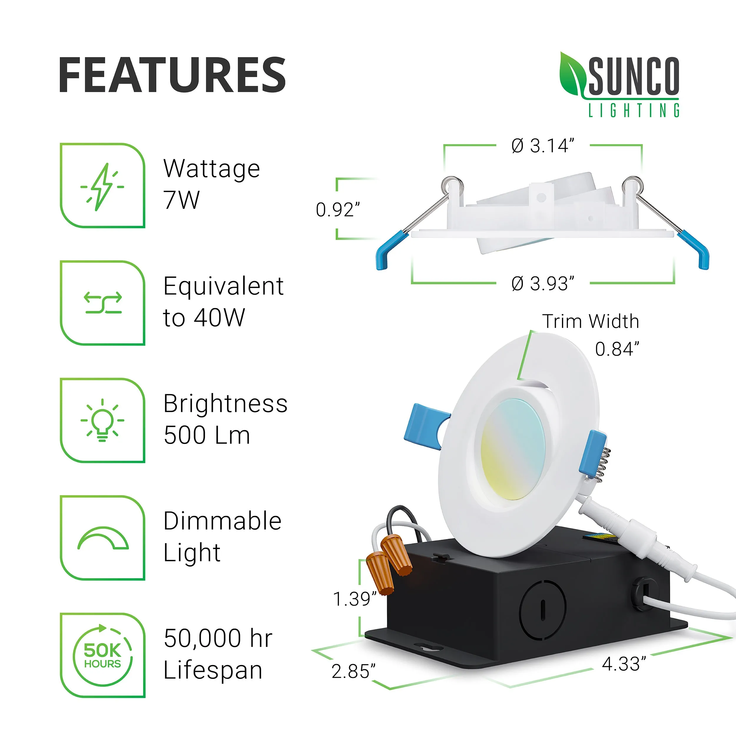 Recessed LED Lighting, 3 Inch, Slim Gimbal, Selectable CCT, 500 Lumens