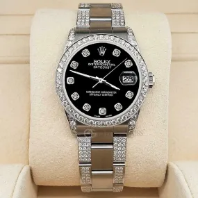 Rolex Datejust 31mm 3.5ct Diamond Bezel/Lugs/Bracelet/Black Dial Steel Watch TFJ-142508802