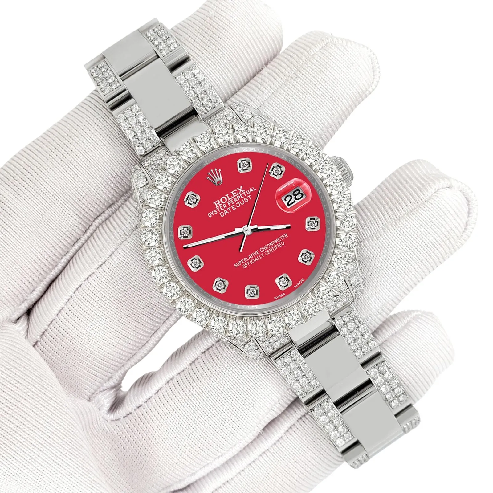 Rolex Datejust 31mm Pave 7.2ct Iced Diamond Scarlet Red Watch  TFJ-142508480