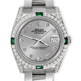 Rolex Datejust 36mm Steel Watch Diamonds &amp; Emeralds Bezel/Lugs/Gray Diamond Dial TFJ-142508506