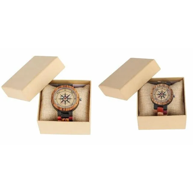 Royal Compass Dial Wood Watch for Couple,  Bamboo Watch Full Wooden, Mixed Color, Wrist Quartz Watch, Luxury Souvenir Gifts