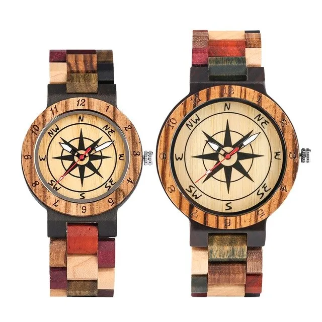 Royal Compass Dial Wood Watch for Couple,  Bamboo Watch Full Wooden, Mixed Color, Wrist Quartz Watch, Luxury Souvenir Gifts