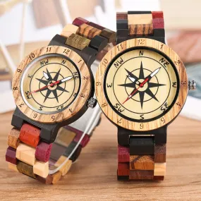 Royal Compass Dial Wood Watch for Couple,  Bamboo Watch Full Wooden, Mixed Color, Wrist Quartz Watch, Luxury Souvenir Gifts