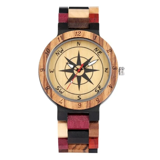 Royal Compass Dial Wood Watch for Couple,  Bamboo Watch Full Wooden, Mixed Color, Wrist Quartz Watch, Luxury Souvenir Gifts