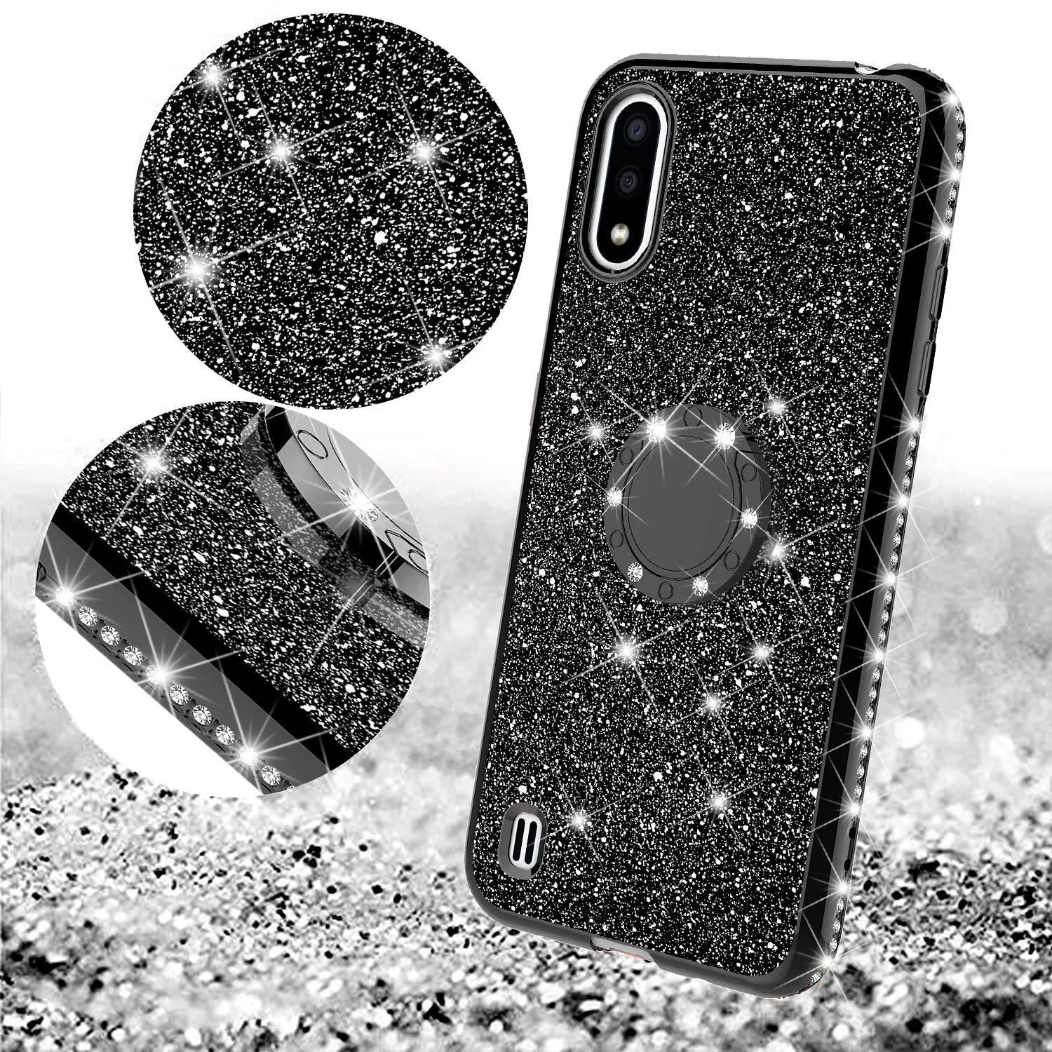 Samsung Galaxy A01 Case, Glitter Cute Phone Case Girls with Kickstand,Bling Diamond Rhinestone Bumper Ring Stand Sparkly Luxury Clear Thin Soft Protective Samsung Galaxy A01 Case for Girl Women - Black