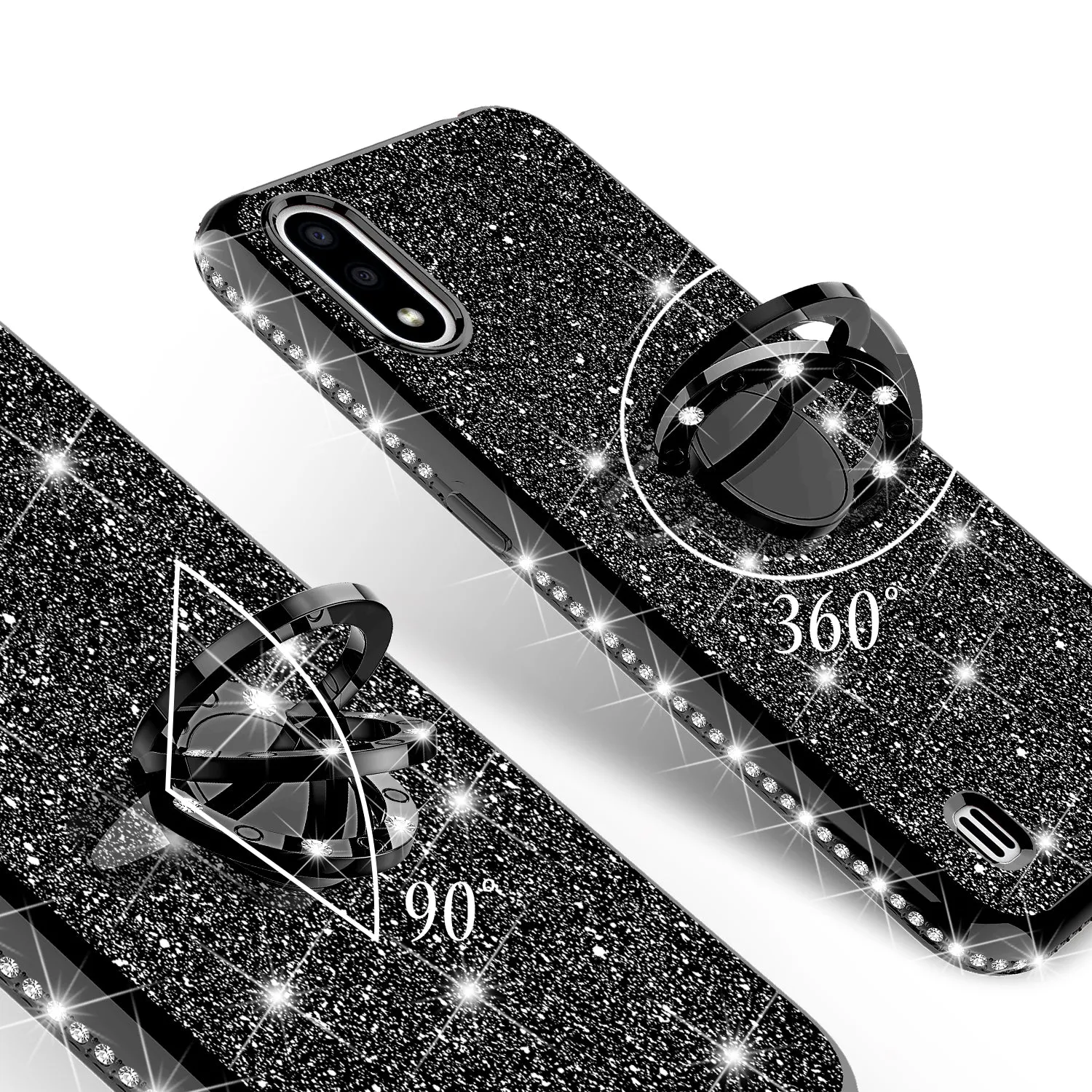 Samsung Galaxy A01 Case, Glitter Cute Phone Case Girls with Kickstand,Bling Diamond Rhinestone Bumper Ring Stand Sparkly Luxury Clear Thin Soft Protective Samsung Galaxy A01 Case for Girl Women - Black