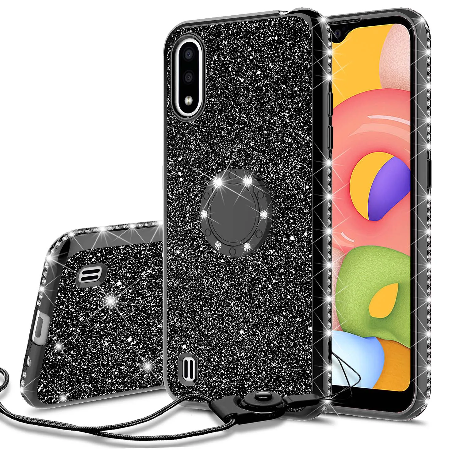 Samsung Galaxy A01 Case, Glitter Cute Phone Case Girls with Kickstand,Bling Diamond Rhinestone Bumper Ring Stand Sparkly Luxury Clear Thin Soft Protective Samsung Galaxy A01 Case for Girl Women - Black