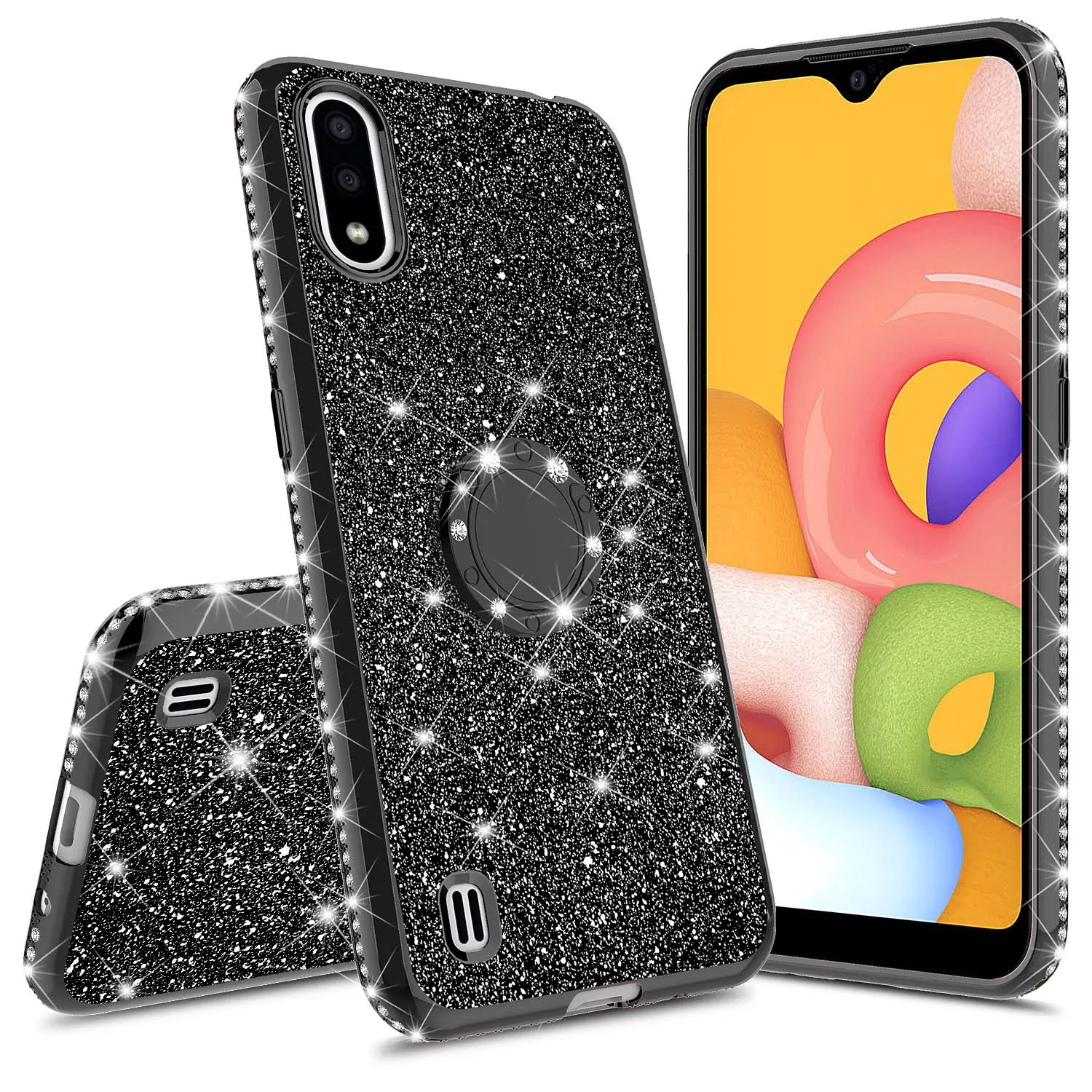 Samsung Galaxy A01 Case, Glitter Cute Phone Case Girls with Kickstand,Bling Diamond Rhinestone Bumper Ring Stand Sparkly Luxury Clear Thin Soft Protective Samsung Galaxy A01 Case for Girl Women - Black