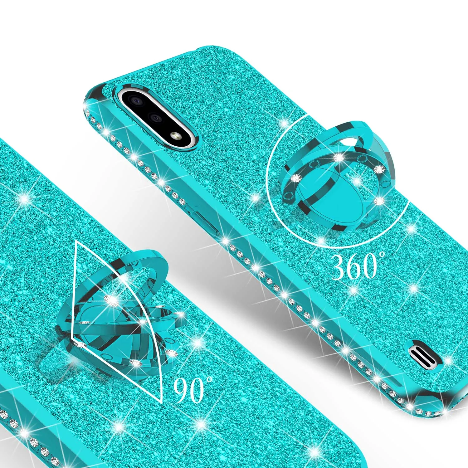 Samsung Galaxy A01 Case, Glitter Cute Phone Case Girls with Kickstand,Bling Diamond Rhinestone Bumper Ring Stand Sparkly Luxury Clear Thin Soft Protective Samsung Galaxy A01 Case for Girl Women - Teal