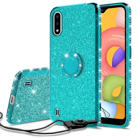 Samsung Galaxy A01 Case, Glitter Cute Phone Case Girls with Kickstand,Bling Diamond Rhinestone Bumper Ring Stand Sparkly Luxury Clear Thin Soft Protective Samsung Galaxy A01 Case for Girl Women - Teal