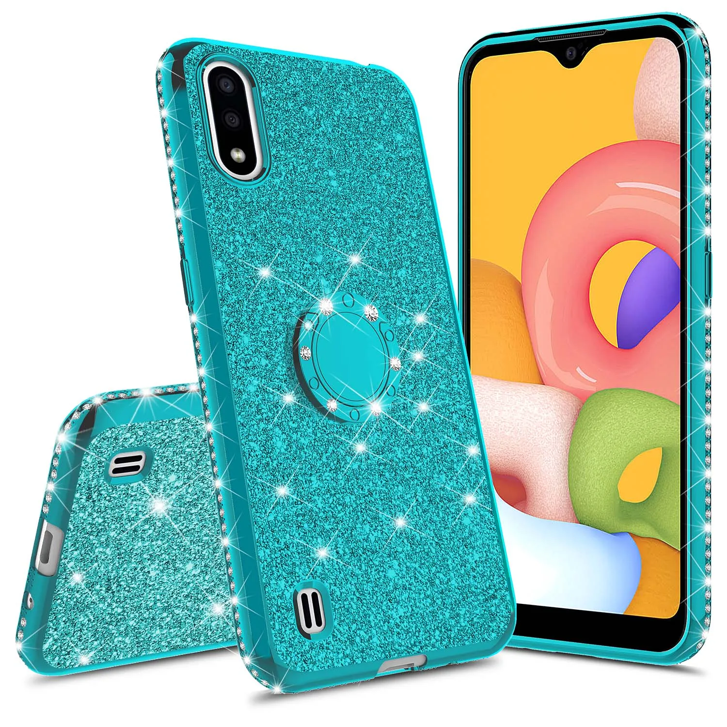 Samsung Galaxy A01 Case, Glitter Cute Phone Case Girls with Kickstand,Bling Diamond Rhinestone Bumper Ring Stand Sparkly Luxury Clear Thin Soft Protective Samsung Galaxy A01 Case for Girl Women - Teal