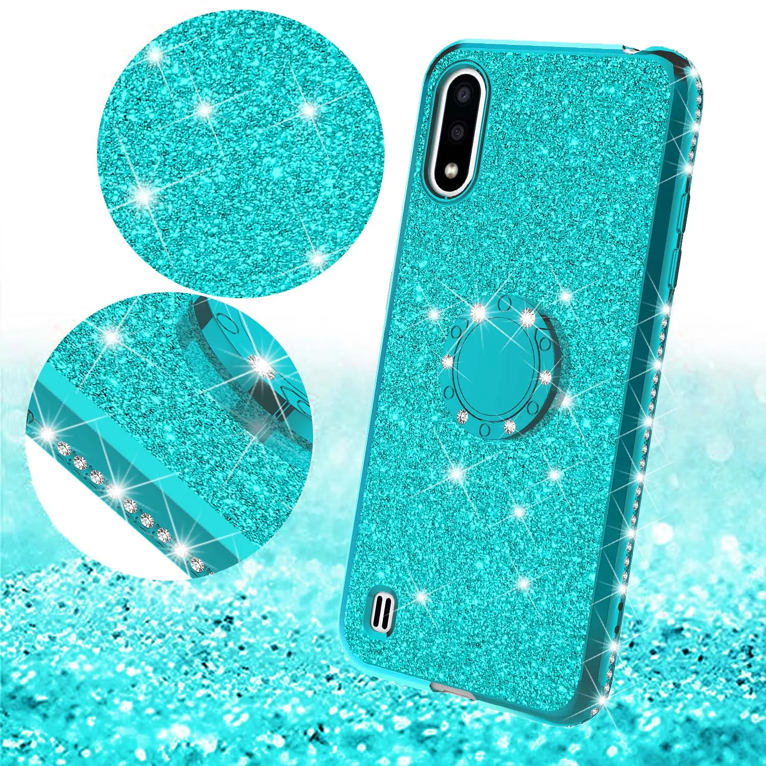 Samsung Galaxy A01 Case, Glitter Cute Phone Case Girls with Kickstand,Bling Diamond Rhinestone Bumper Ring Stand Sparkly Luxury Clear Thin Soft Protective Samsung Galaxy A01 Case for Girl Women - Teal