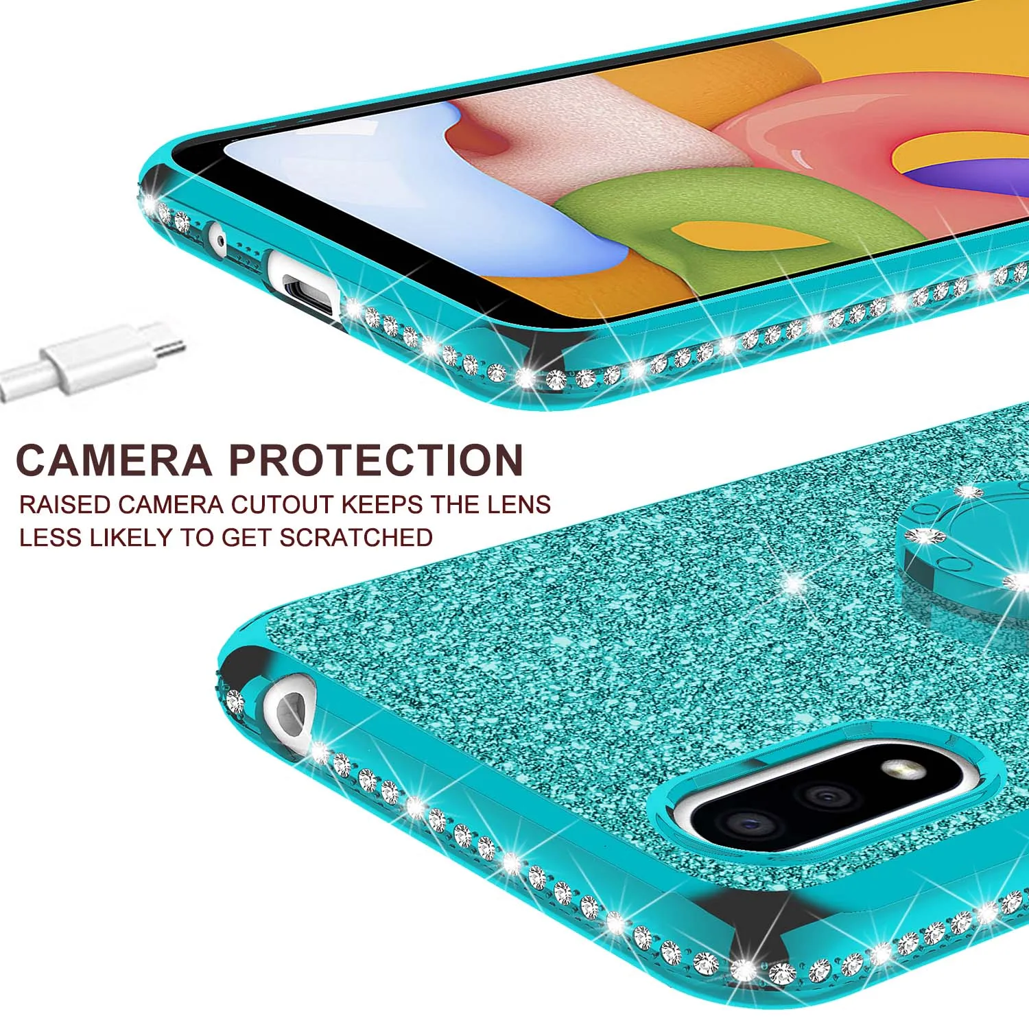 Samsung Galaxy A01 Case, Glitter Cute Phone Case Girls with Kickstand,Bling Diamond Rhinestone Bumper Ring Stand Sparkly Luxury Clear Thin Soft Protective Samsung Galaxy A01 Case for Girl Women - Teal