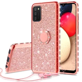 Samsung Galaxy A02s Case, Glitter Cute Phone Case Girls with Kickstand,Bling Diamond Rhinestone Bumper Ring Stand Sparkly Luxury Clear Thin Soft Protective Samsung Galaxy A02s Case for Girl Women - Rose Gold