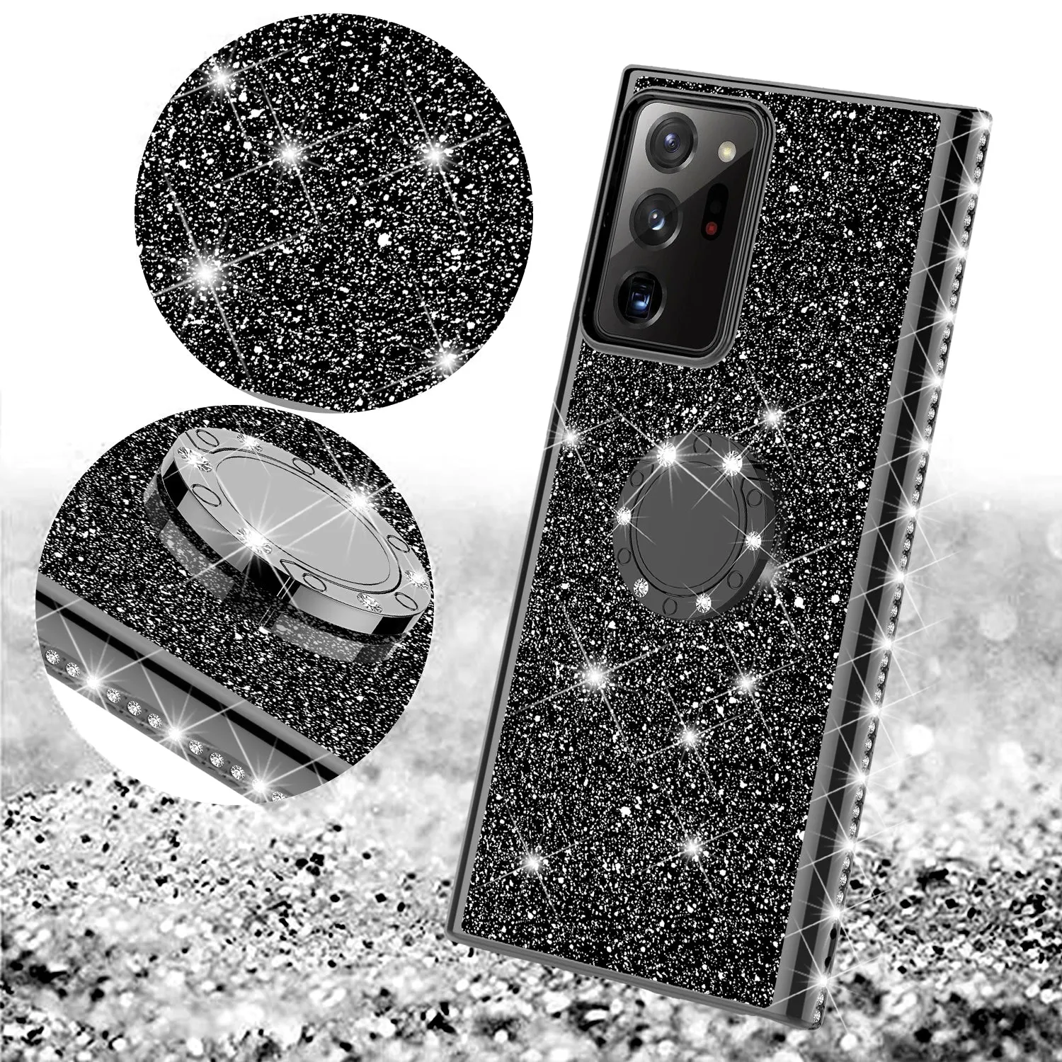 Samsung Galaxy Note 20 Case, Glitter Cute Phone Case Girls with Kickstand,Bling Diamond Rhinestone Bumper Ring Stand Sparkly Luxury Clear Thin Soft Protective Samsung Galaxy Note 20 Case for Girl Women - Black