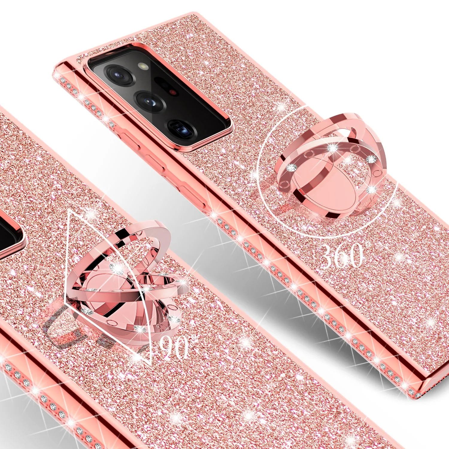 Samsung Galaxy Note 20 Case, Glitter Cute Phone Case Girls with Kickstand,Bling Diamond Rhinestone Bumper Ring Stand Sparkly Luxury Clear Thin Soft Protective Samsung Galaxy Note 20 Case for Girl Women - Rose Gold