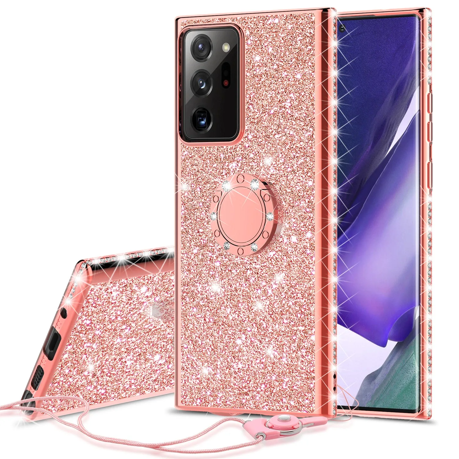 Samsung Galaxy Note 20 Case, Glitter Cute Phone Case Girls with Kickstand,Bling Diamond Rhinestone Bumper Ring Stand Sparkly Luxury Clear Thin Soft Protective Samsung Galaxy Note 20 Case for Girl Women - Rose Gold