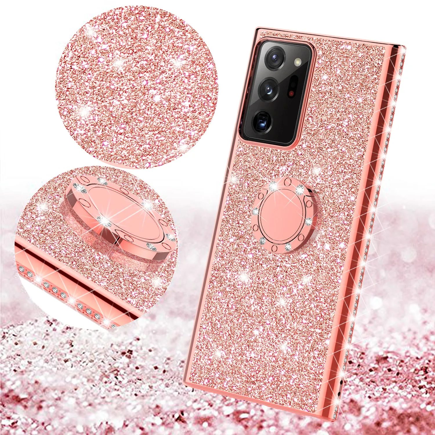 Samsung Galaxy Note 20 Case, Glitter Cute Phone Case Girls with Kickstand,Bling Diamond Rhinestone Bumper Ring Stand Sparkly Luxury Clear Thin Soft Protective Samsung Galaxy Note 20 Case for Girl Women - Rose Gold