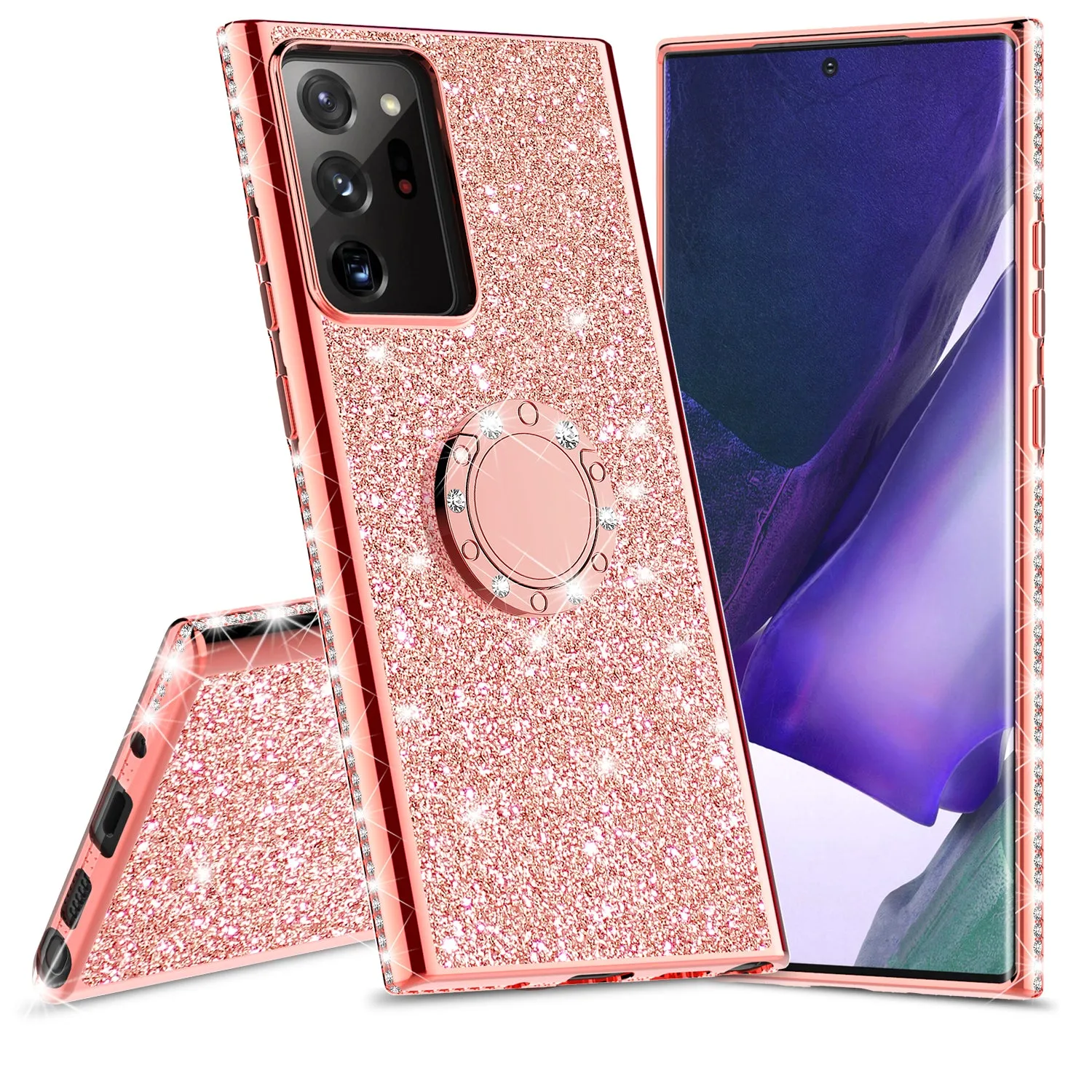 Samsung Galaxy Note 20 Case, Glitter Cute Phone Case Girls with Kickstand,Bling Diamond Rhinestone Bumper Ring Stand Sparkly Luxury Clear Thin Soft Protective Samsung Galaxy Note 20 Case for Girl Women - Rose Gold