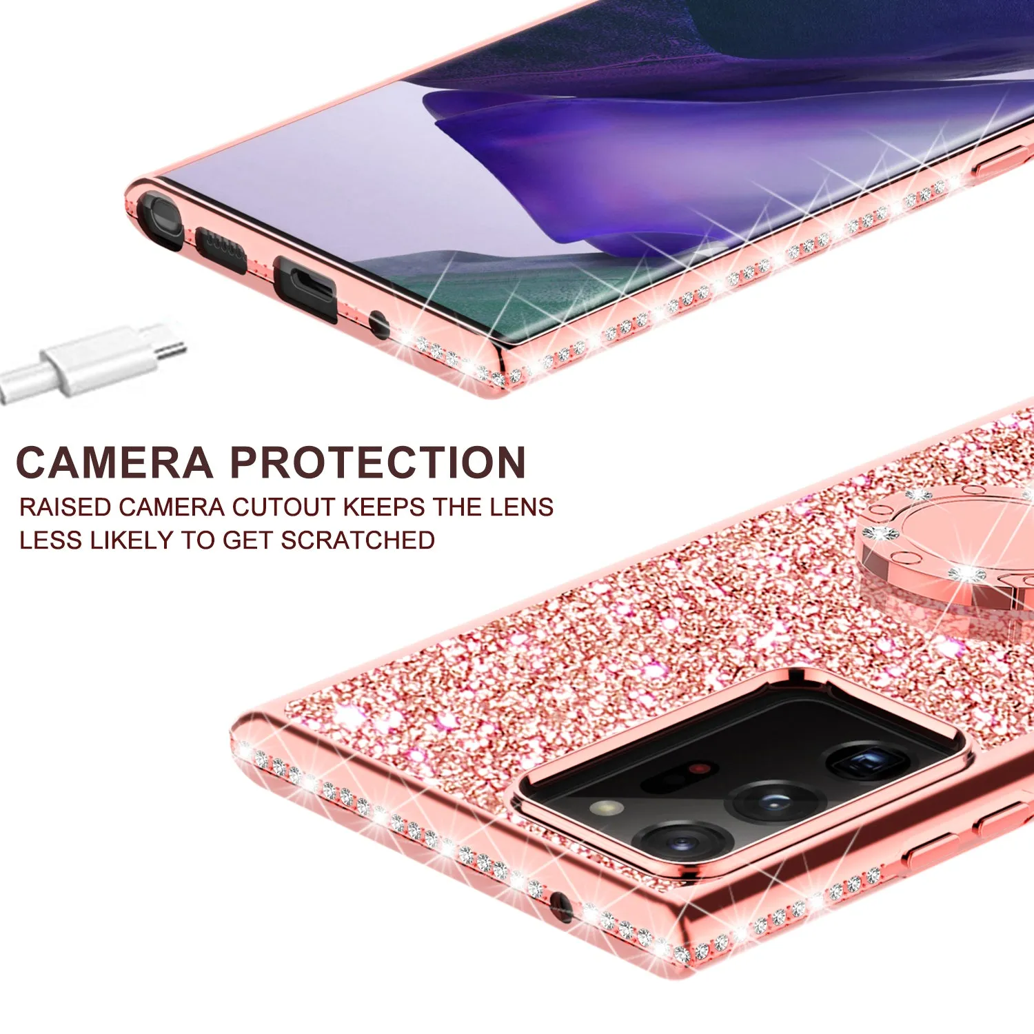 Samsung Galaxy Note 20 Case, Glitter Cute Phone Case Girls with Kickstand,Bling Diamond Rhinestone Bumper Ring Stand Sparkly Luxury Clear Thin Soft Protective Samsung Galaxy Note 20 Case for Girl Women - Rose Gold