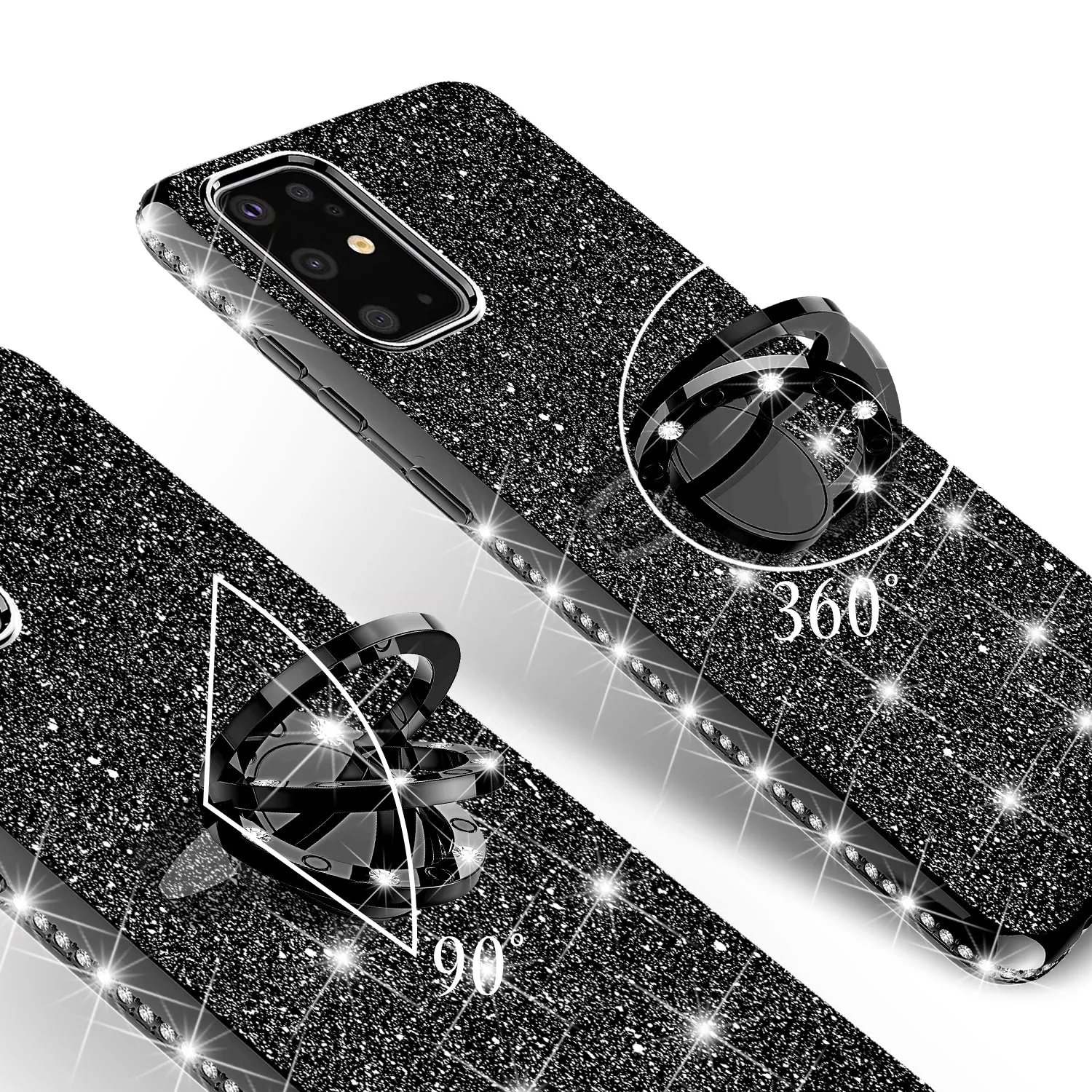 Samsung Galaxy S20 Case, Glitter Cute Phone Case Girls with Kickstand,Bling Diamond Rhinestone Bumper Ring Stand Sparkly Luxury Clear Thin Soft Protective Samsung Galaxy S20 Case for Girl Women - Black