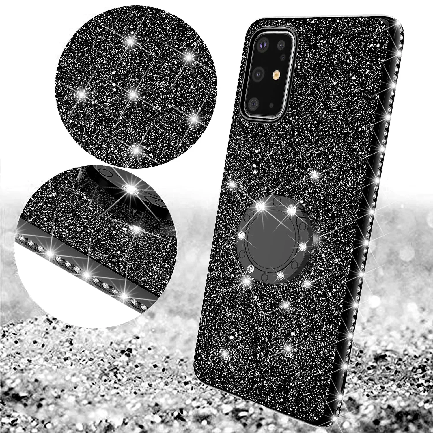 Samsung Galaxy S20 Case, Glitter Cute Phone Case Girls with Kickstand,Bling Diamond Rhinestone Bumper Ring Stand Sparkly Luxury Clear Thin Soft Protective Samsung Galaxy S20 Case for Girl Women - Black