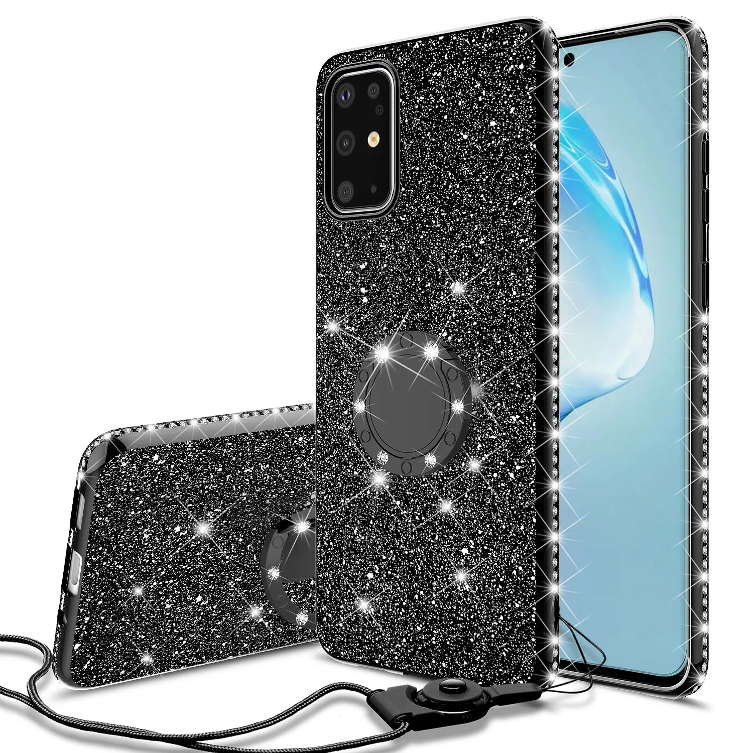 Samsung Galaxy S20 Case, Glitter Cute Phone Case Girls with Kickstand,Bling Diamond Rhinestone Bumper Ring Stand Sparkly Luxury Clear Thin Soft Protective Samsung Galaxy S20 Case for Girl Women - Black