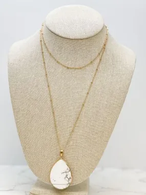 Semi Precious Oval Pendant Long Necklace - White Marble