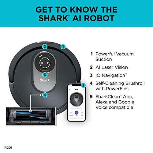 Shark AI Robot Vacuum, Smart Mapping|Scheduling|Pet Hair Pick Up|Logical Navigation, Black/Silver (RV2001), Carpet