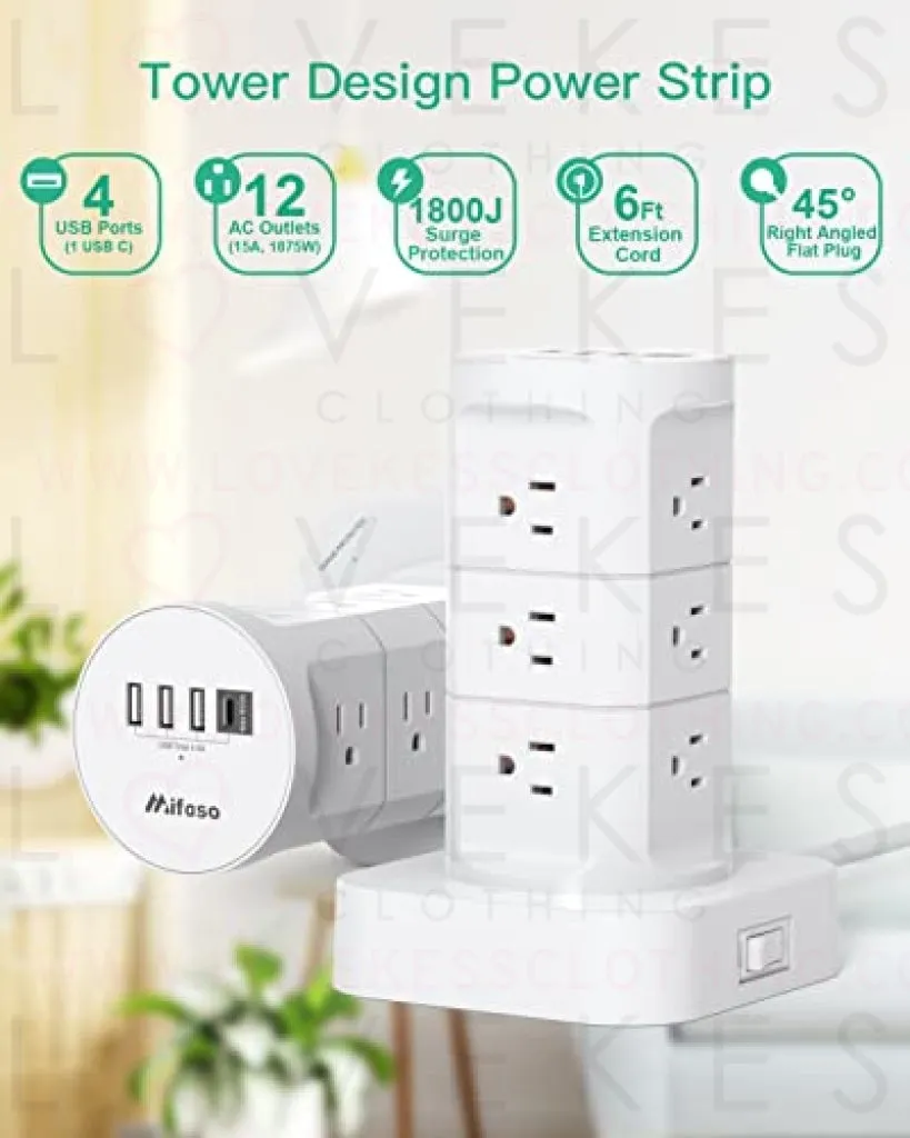 Surge Protector Power Strip Tower - 12 Widely Outlets with 4 USB Ports (1 USB C), 6FT Heavy Duty Extension Cord, Flat Plug, Multi Plug Outlet Extender Overload Protection for Home Office Dorm