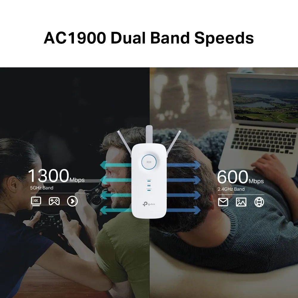 TP-Link RE550 AC1900 Dual Band Wi-Fi Range Extender Wall Plugged with 1300Mbps at 5GHz, 600Mbps at 2.4GHz, Gigabit Ethernet Port, MU-MIMO, Access Point Mode, High-Speed Mode, Easy Setup Via WPS / Tether App, OneMesh