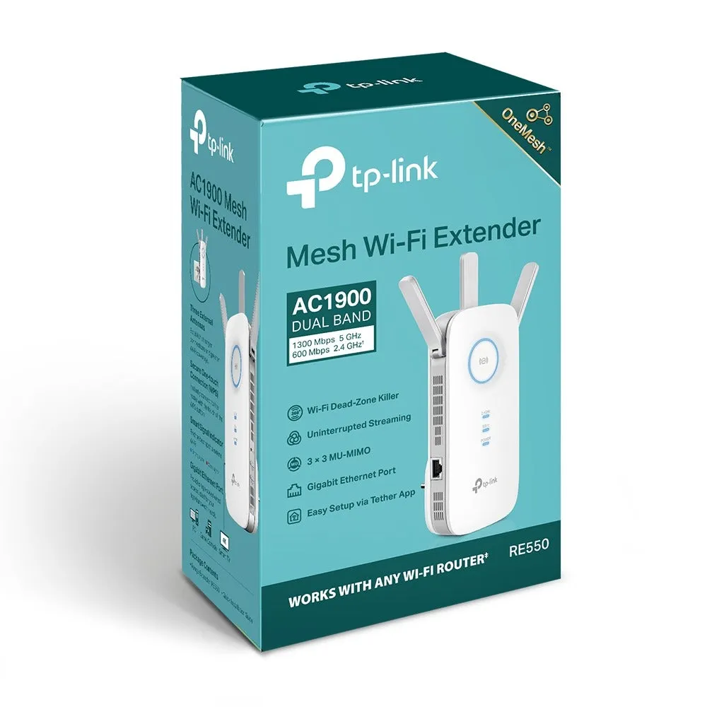 TP-Link RE550 AC1900 Dual Band Wi-Fi Range Extender Wall Plugged with 1300Mbps at 5GHz, 600Mbps at 2.4GHz, Gigabit Ethernet Port, MU-MIMO, Access Point Mode, High-Speed Mode, Easy Setup Via WPS / Tether App, OneMesh