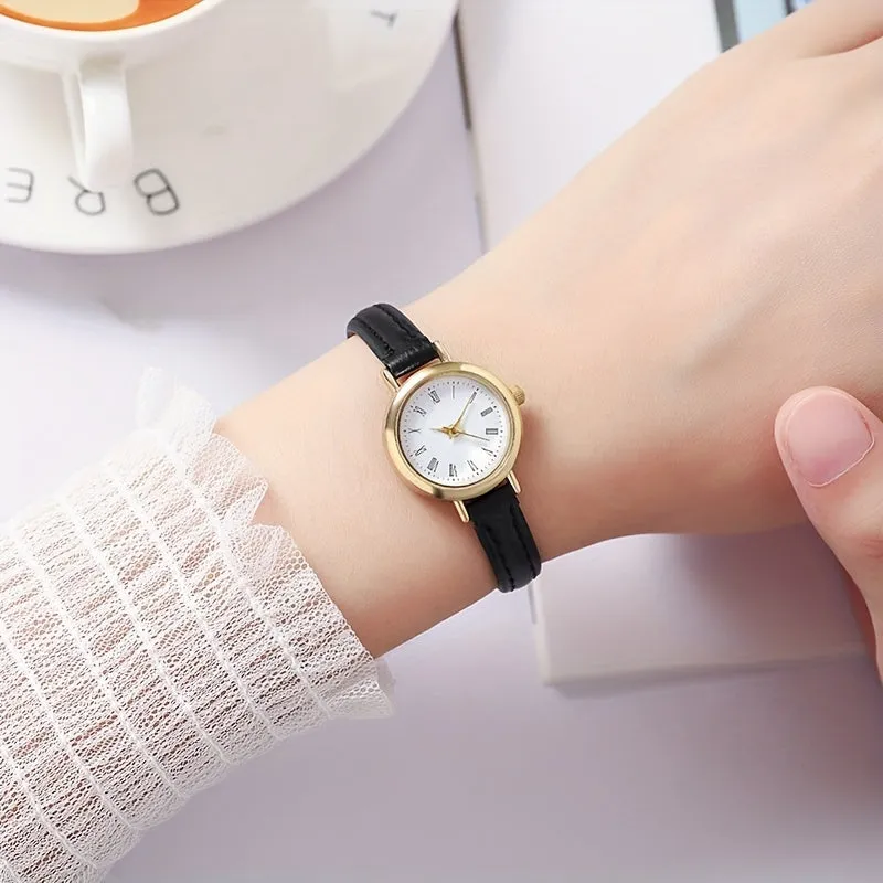 Trendy PU Leather Analog Watch with Retro Rome Design for Women