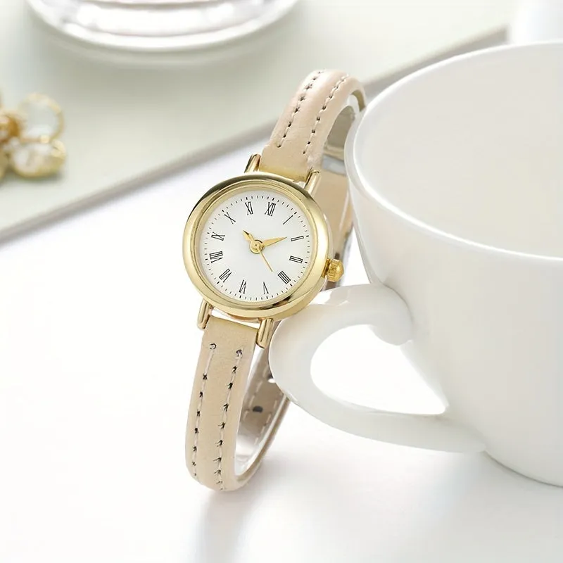 Trendy PU Leather Analog Watch with Retro Rome Design for Women